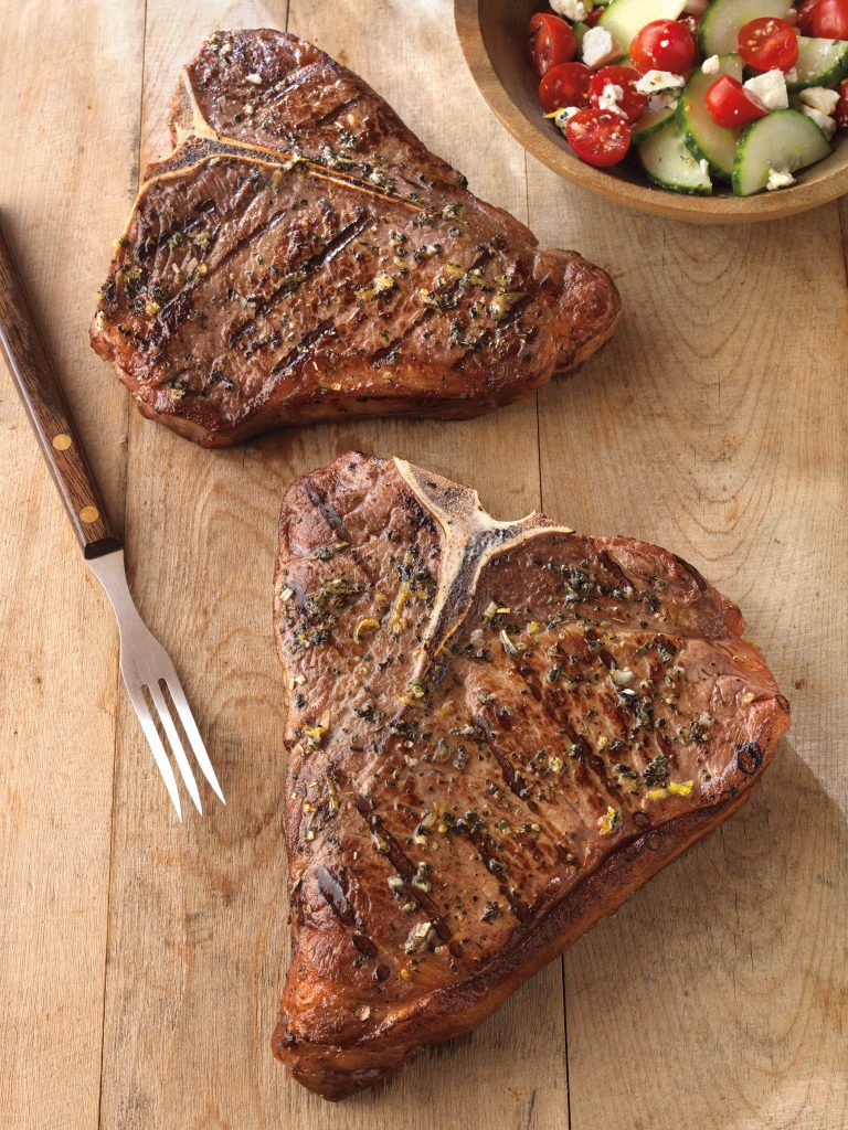 T-bone or porterhouse steaks, cut 1 inch thick (about 1 lb each) 1 medium l...