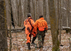 Deer hunters walking in the woods during deer hunting season