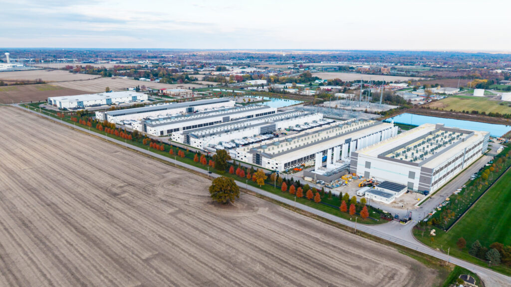 Aerial view of construction of new AI hub and Data center at the suburbs of Columbus, near Dublin Ohio in the middle of fields.